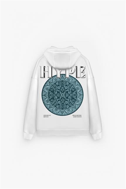 Erkek Oversize Baskılı Premium Kapüşonlu Sweatshirt Ekru