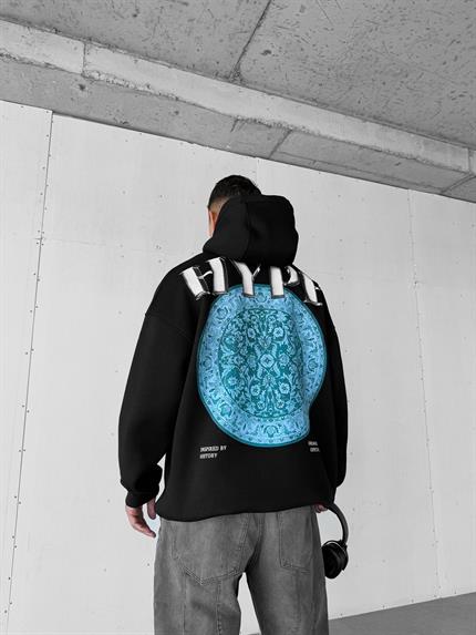 Erkek Oversize Baskılı Premium Kapüşonlu Sweatshirt Siyah