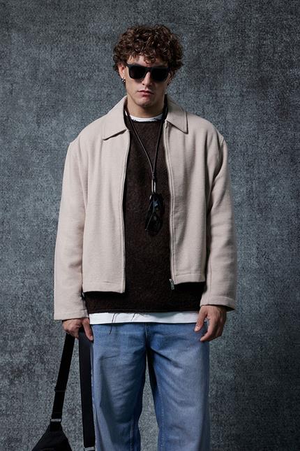 Erkek Oversize İnce Fermuarlı Ceket Bej