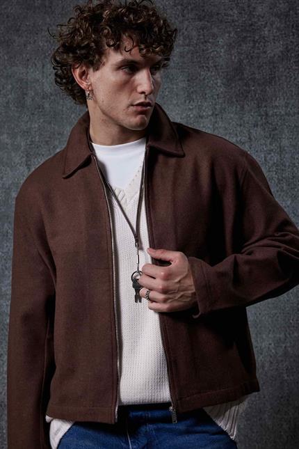 Erkek Oversize İnce Fermuarlı Ceket Kahverengi