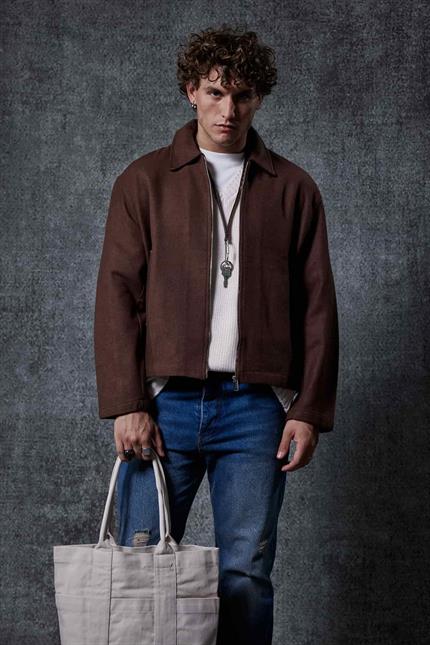 Erkek Oversize İnce Fermuarlı Ceket Kahverengi