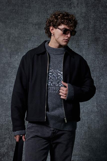 Erkek Oversize İnce Fermuarlı Ceket Siyah