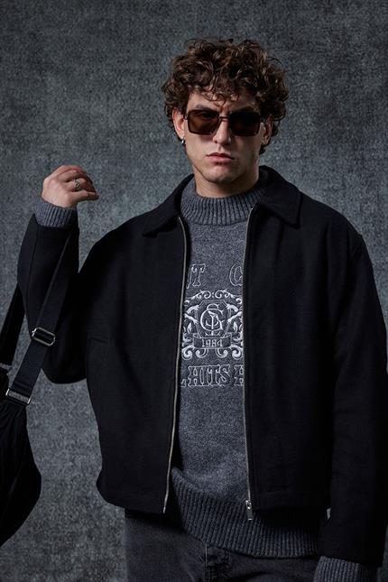 Erkek Oversize İnce Fermuarlı Ceket Siyah