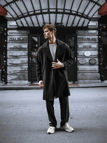 Erkek Oversize İtalyan Kaşe Kaban Siyah