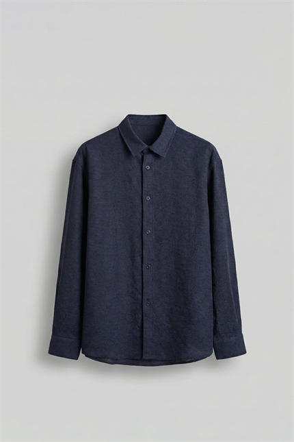 Erkek Oversize Jakarlı Desenli Uzun Kollu Gömlek Lacivert