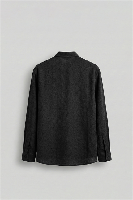 Erkek Oversize Jakarlı Desenli Uzun Kollu Gömlek Siyah