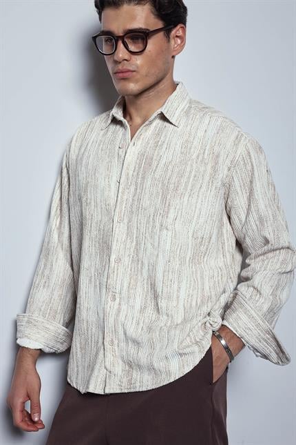 Erkek Oversize Kadife Dokulu Gömlek Bej