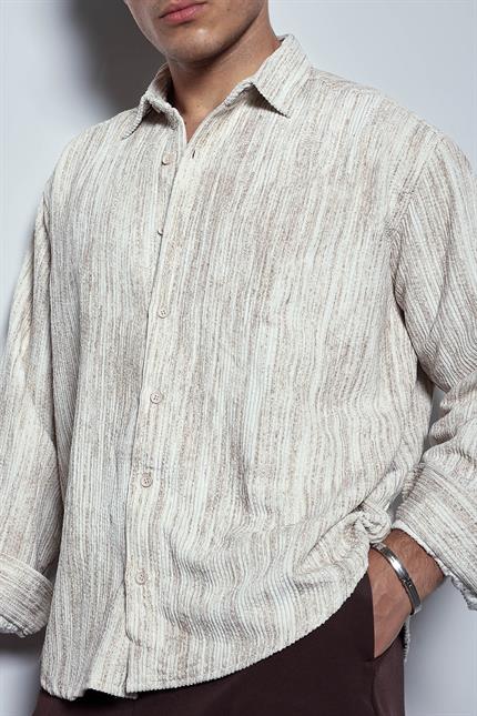 Erkek Oversize Kadife Dokulu Gömlek Bej