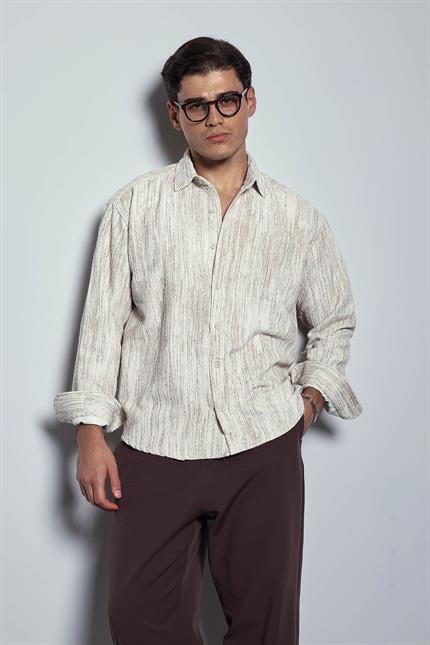 Erkek Oversize Kadife Dokulu Gömlek Bej