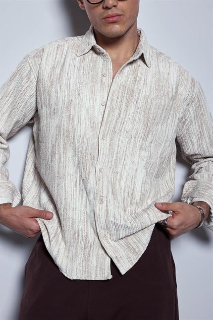 Erkek Oversize Kadife Dokulu Gömlek Bej