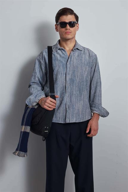 Erkek Oversize Kadife Dokulu Gömlek Mavi