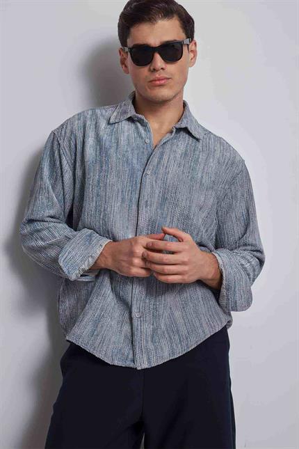 Erkek Oversize Kadife Dokulu Gömlek Mavi