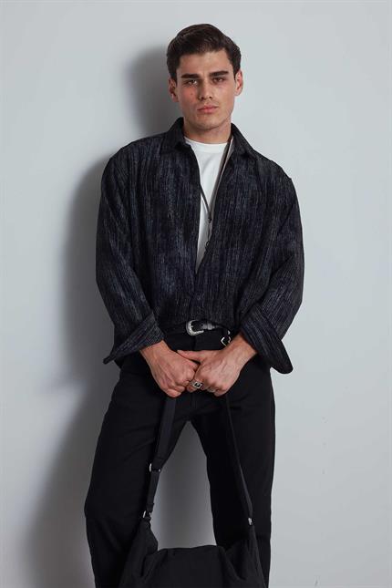 Erkek Oversize Kadife Dokulu Gömlek Siyah