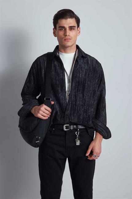 Erkek Oversize Kadife Dokulu Gömlek Siyah