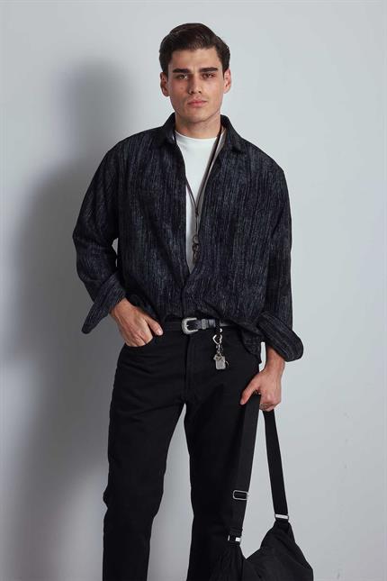 Erkek Oversize Kadife Dokulu Gömlek Siyah