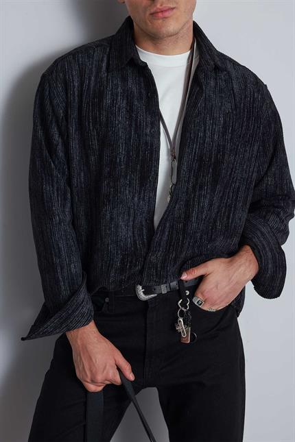 Erkek Oversize Kadife Dokulu Gömlek Siyah