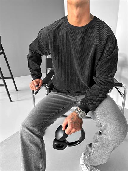Erkek Oversize Kadife Dokulu Sweatshirt Siyah