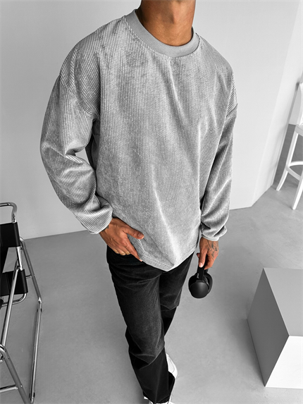 Erkek Oversize Kadife Dokulu Sweatshirt Gri