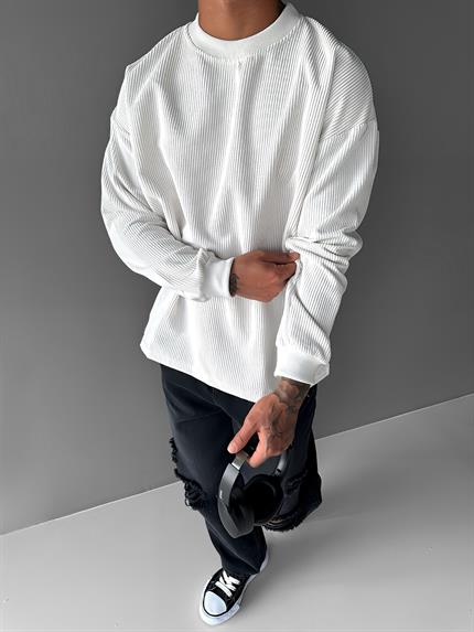 Erkek Oversize Kadife Dokulu Sweatshirt Ekru