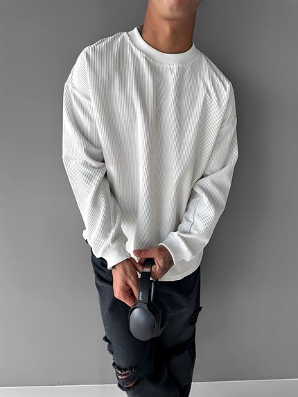 Erkek Oversize Kadife Dokulu Sweatshirt Ekru