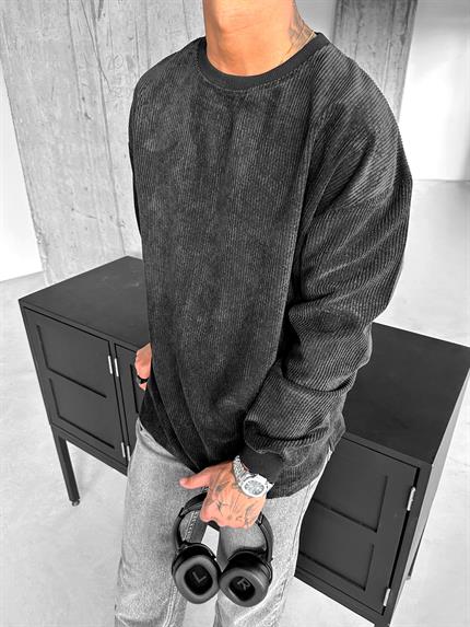 Erkek Oversize Kadife Dokulu Sweatshirt Siyah