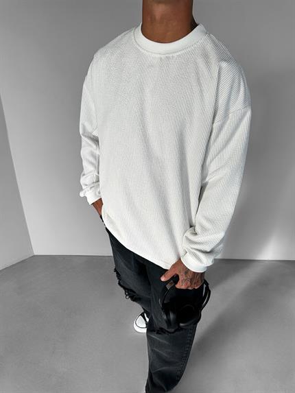 Erkek Oversize Kadife Dokulu Sweatshirt Ekru