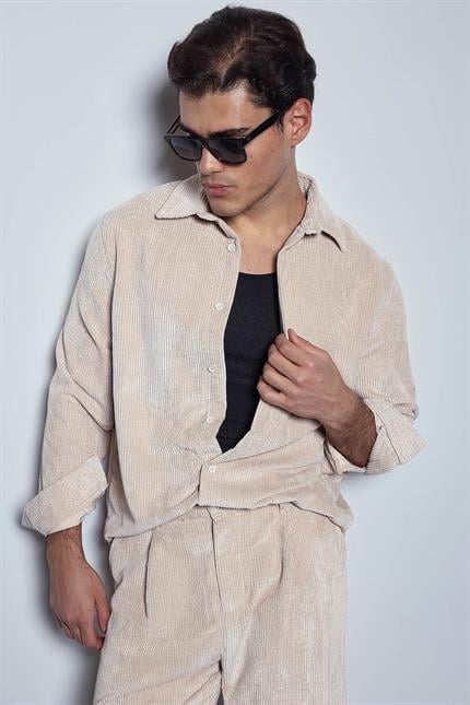 Erkek Oversize Kadife Dokulu Uzun Kollu Gömlek Taş Rengi