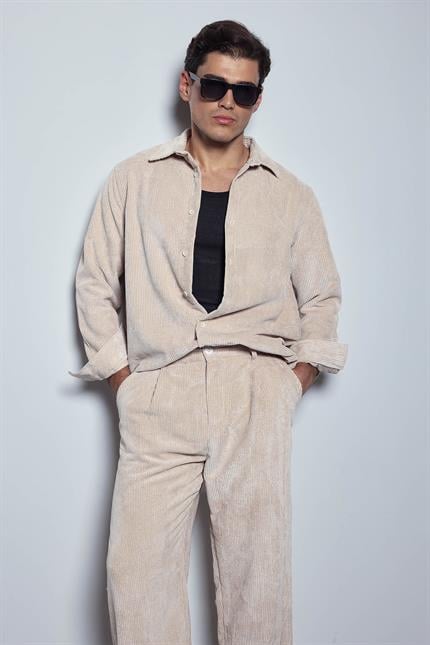 Erkek Oversize Kadife Dokulu Uzun Kollu Gömlek Taş Rengi