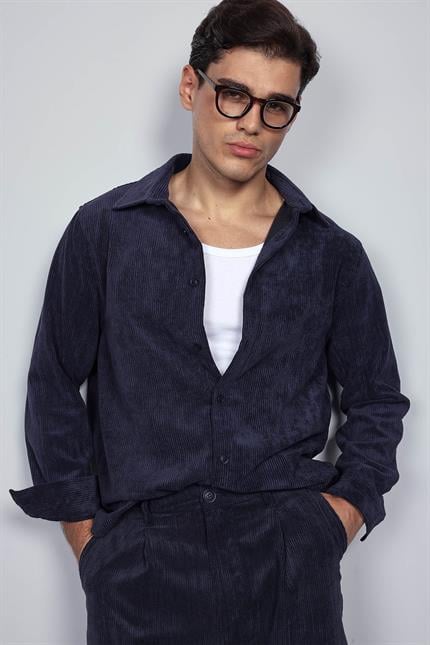 Erkek Oversize Kadife Dokulu Uzun Kollu Gömlek Lacivert