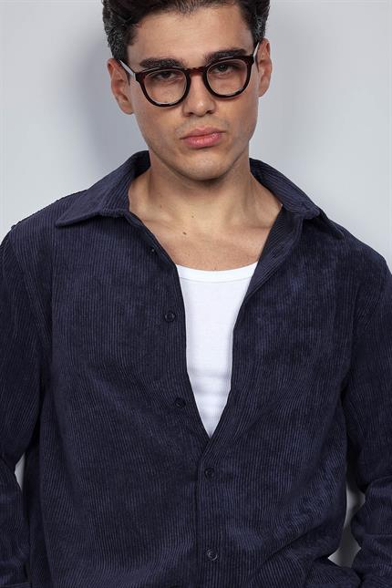 Erkek Oversize Kadife Dokulu Uzun Kollu Gömlek Lacivert