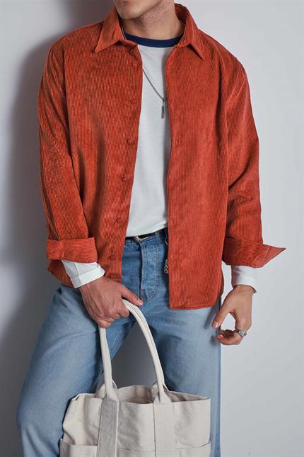 Erkek Oversize Kadife Dokulu Uzun Kollu Gömlek Kiremit