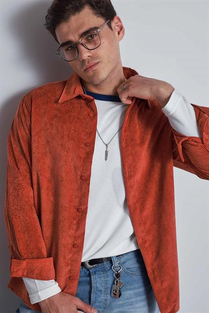 Erkek Oversize Kadife Dokulu Uzun Kollu Gömlek Kiremit