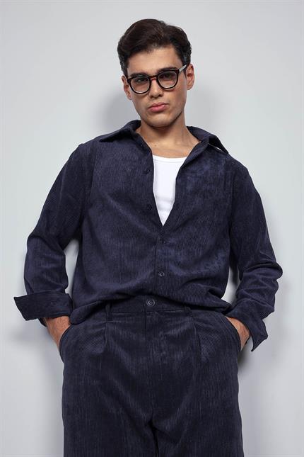 Erkek Oversize Kadife Dokulu Uzun Kollu Gömlek Lacivert