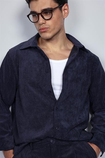 Erkek Oversize Kadife Dokulu Uzun Kollu Gömlek Lacivert