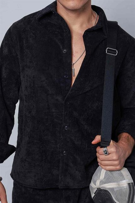 Erkek Oversize Kadife Dokulu Uzun Kollu Gömlek Siyah