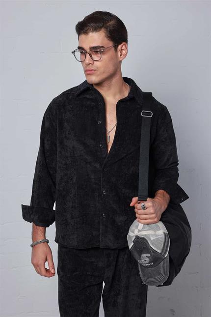 Erkek Oversize Kadife Dokulu Uzun Kollu Gömlek Siyah