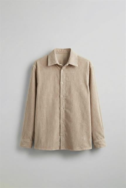 Erkek Oversize Kadife Dokulu Uzun Kollu Gömlek Taş Rengi