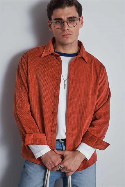 Erkek Oversize Kadife Dokulu Uzun Kollu Gömlek Kiremit