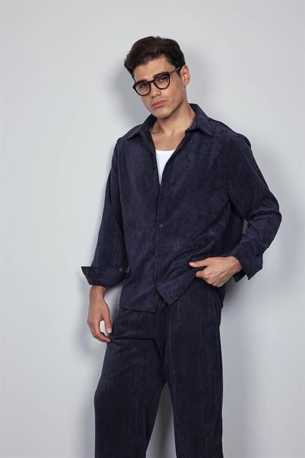 Erkek Oversize Kadife Dokulu Uzun Kollu Gömlek Lacivert