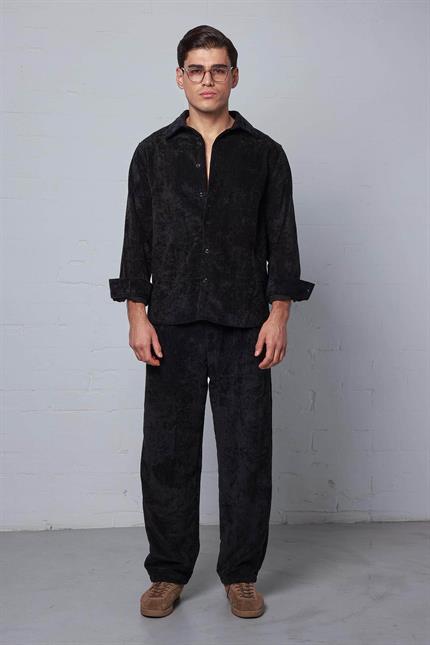 Erkek Oversize Kadife Dokulu Uzun Kollu Gömlek Siyah