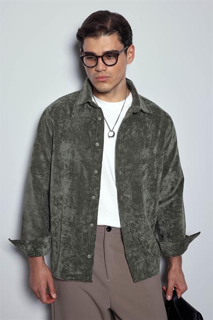 Erkek Oversize Kadife Dokulu Uzun Kollu Gömlek Haki Yeşil