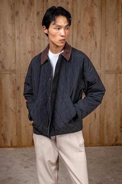 Erkek Oversize Kadife Yaka Detaylı Kapitone Ceket Siyah