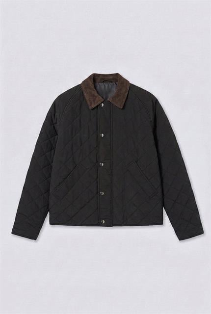 Erkek Oversize Kadife Yaka Detaylı Kapitone Ceket Siyah