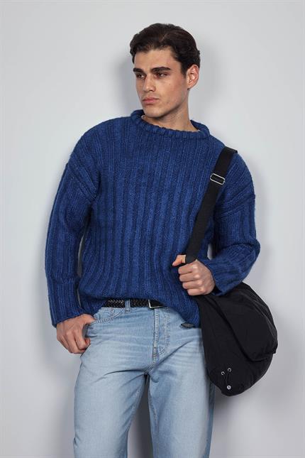 Erkek Oversize Kalın Fitilli Triko Kazak Indigo