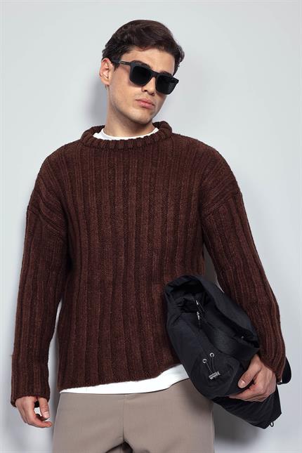 Erkek Oversize Kalın Fitilli Triko Kazak Kahve