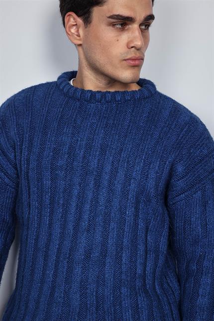 Erkek Oversize Kalın Fitilli Triko Kazak Indigo