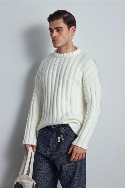 Erkek Oversize Kalın Fitilli Triko Kazak Ekru