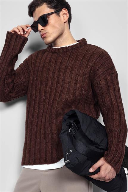 Erkek Oversize Kalın Fitilli Triko Kazak Kahve