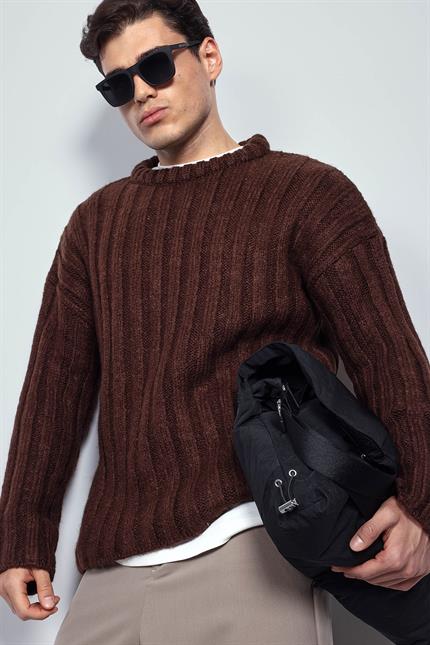 Erkek Oversize Kalın Fitilli Triko Kazak Kahve