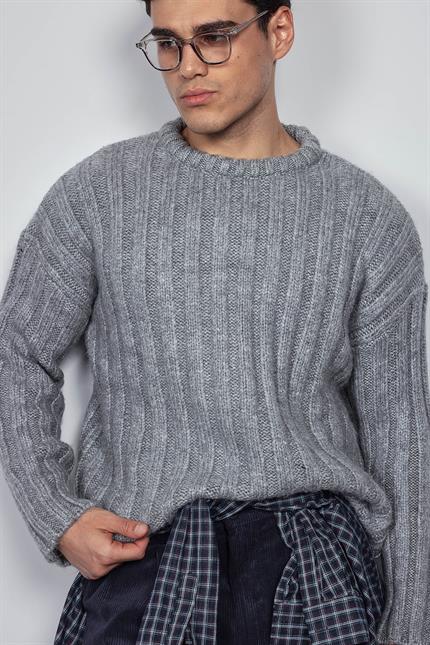 Erkek Oversize Kalın Fitilli Triko Kazak Gri